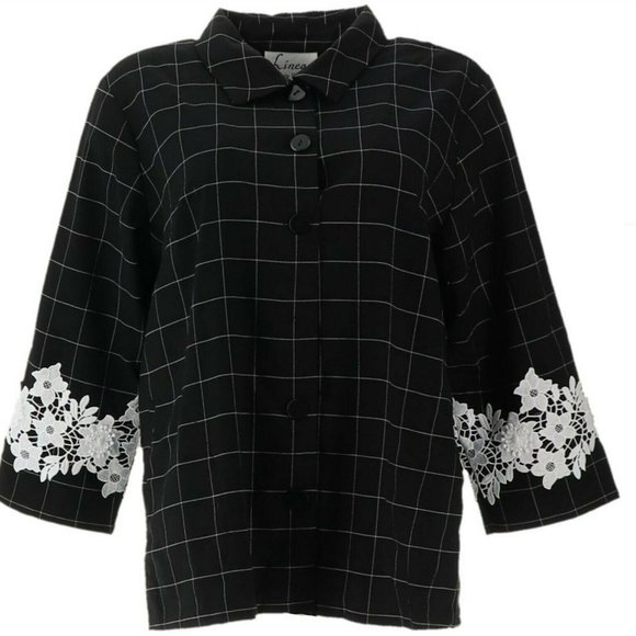NWT LINEA BY LOUIS DELL'OLIO WINDOWPANE LACE APPLIQUE BLACK JACKET 14 - Picture 3 of 10